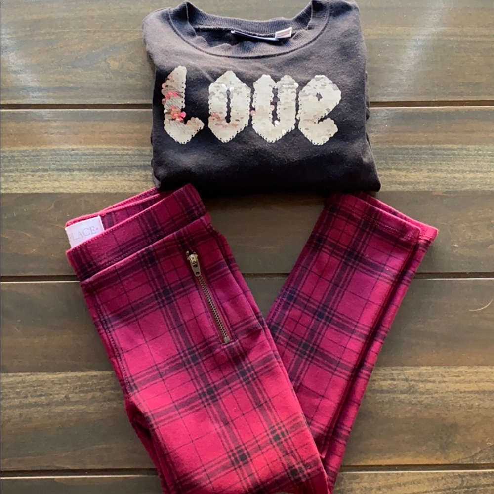 Girls Children’s Place LOVE Shirt/Plaid Pant Set